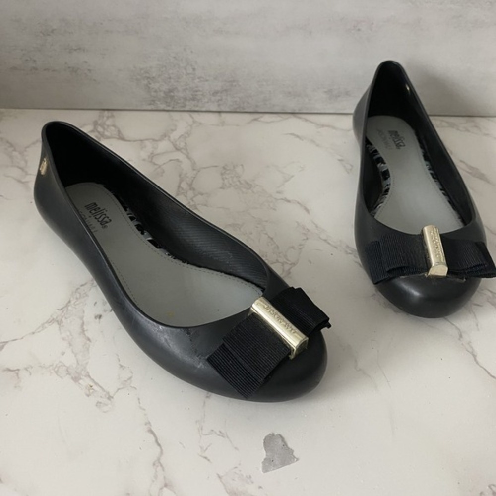 2/$30 Melissa x Jason Wu Flat Ballerina Sz 6 Black Bow Rubber Everyday Coquette